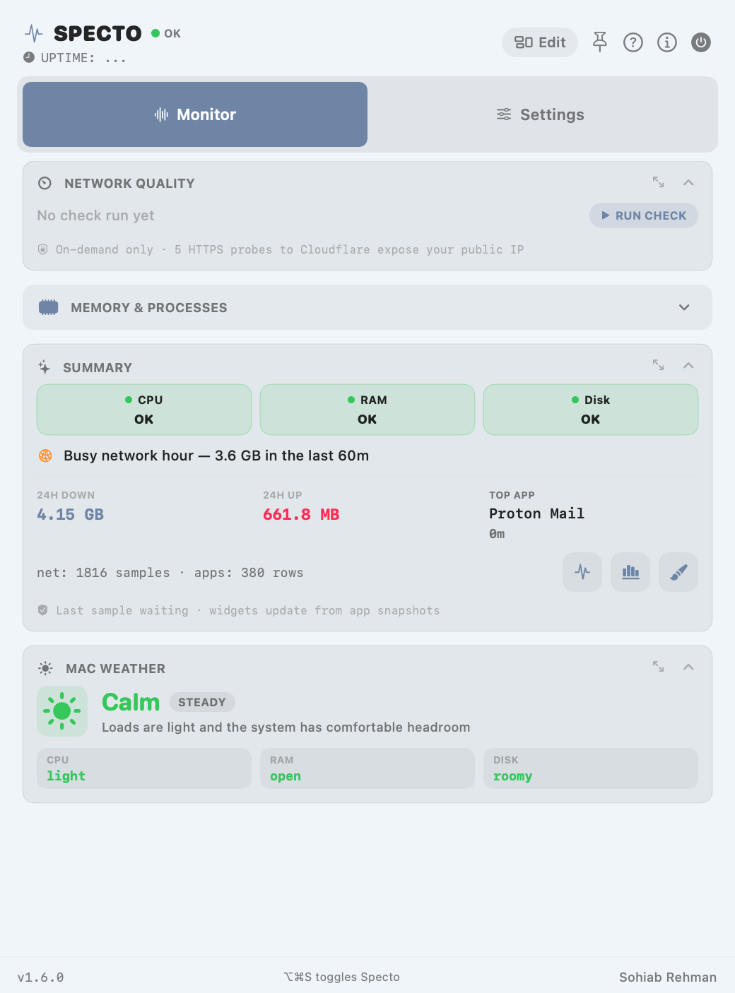 Specto dashboard with processor, network, storage, battery, memory and summary cards