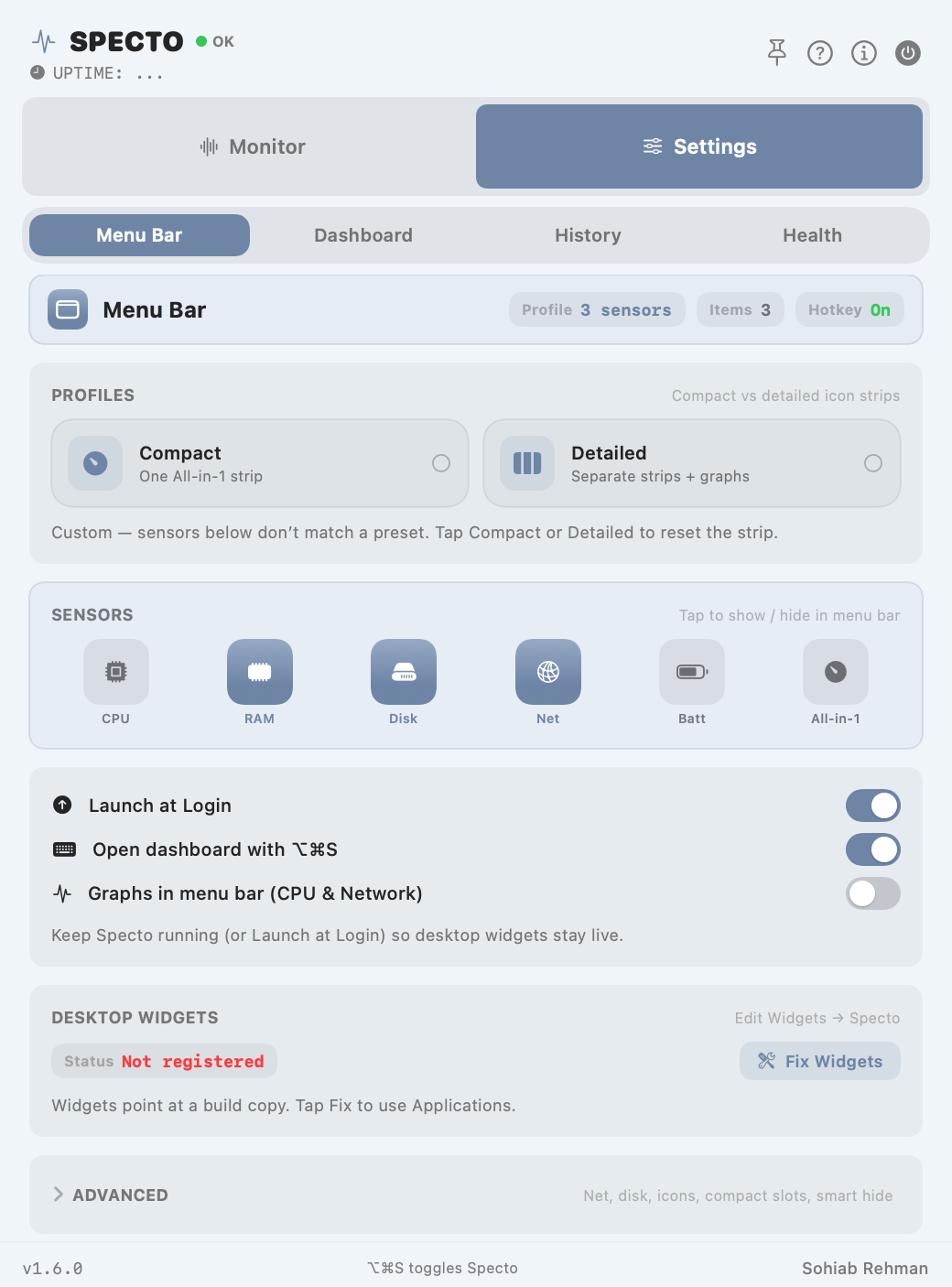 Specto settings showing layout, sensors, network menu item, compact bar and order